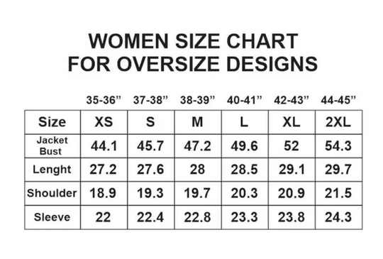 Größentabelle für Oversize Designs: Jacke Maße XS–2XL, Länge, Schulter, Ärmel