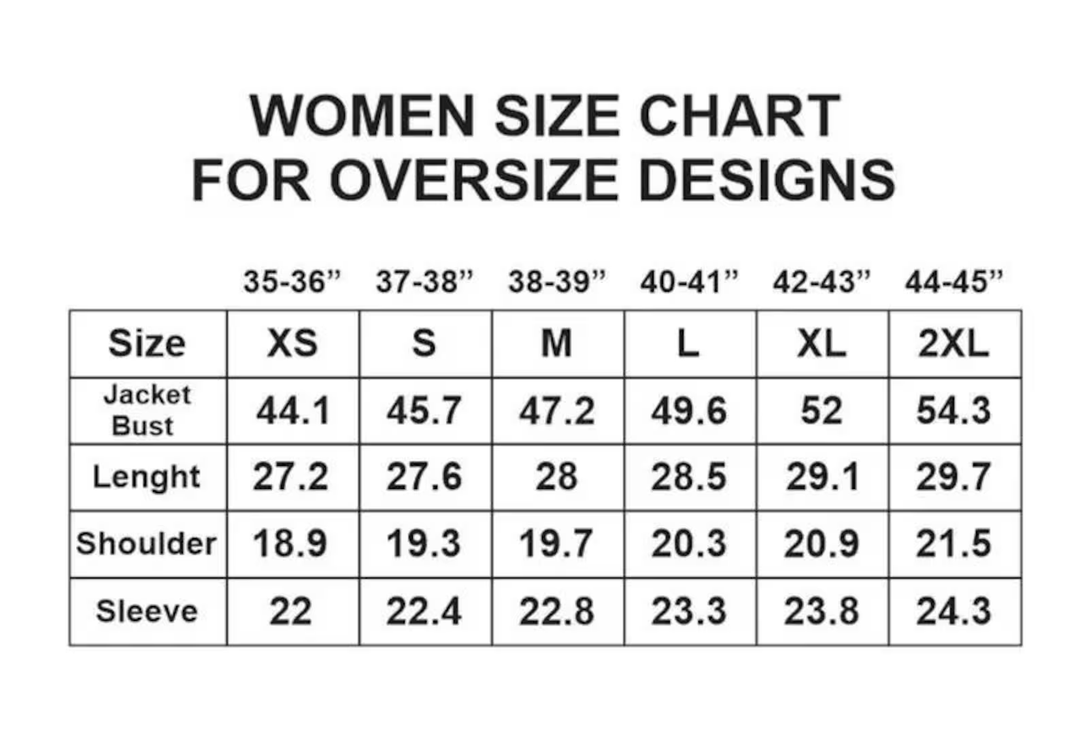 Women size chart for oversized designs: XS–2XL jacket bust and length measurements