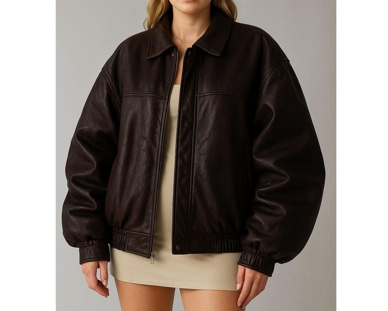 Braune Oversize Bomber-Lederjacke mit Reißverschluss, geripptem Saum und Bündchen