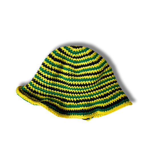 Crochet Bucket Hat in black, green, and yellow striped yarn