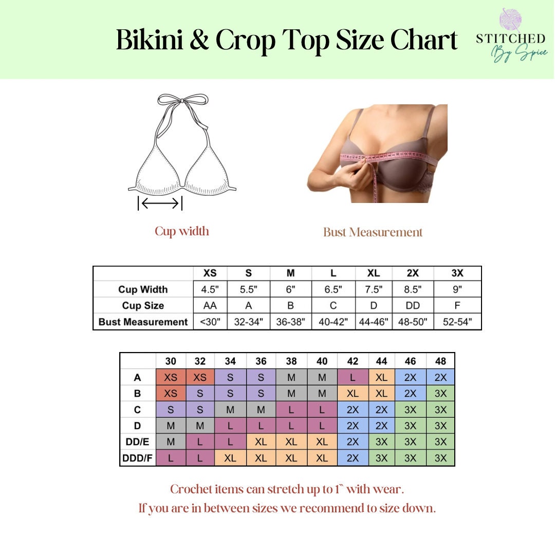 Bikini- und Crop-Top-Größentabelle: Brustmaß und Cup-Width, Stitched by Spice