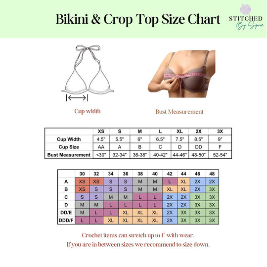 Bikini- und Crop-Top-Größentabelle: Brustmaß und Cup-Width, Stitched by Spice