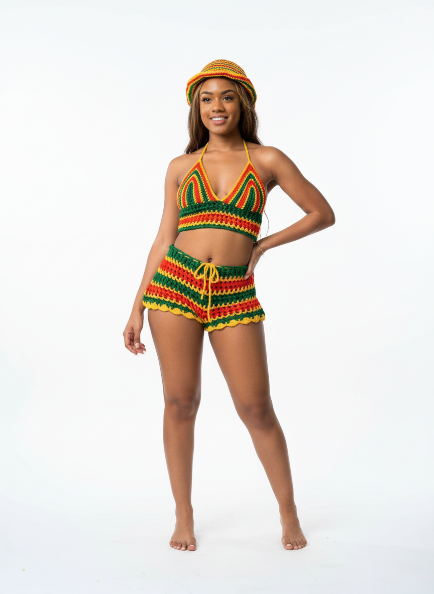 Rasta-Häkel-Set aus Crop-Top und Shorts, plus Bucket-Hut mit gestreiften Farben
