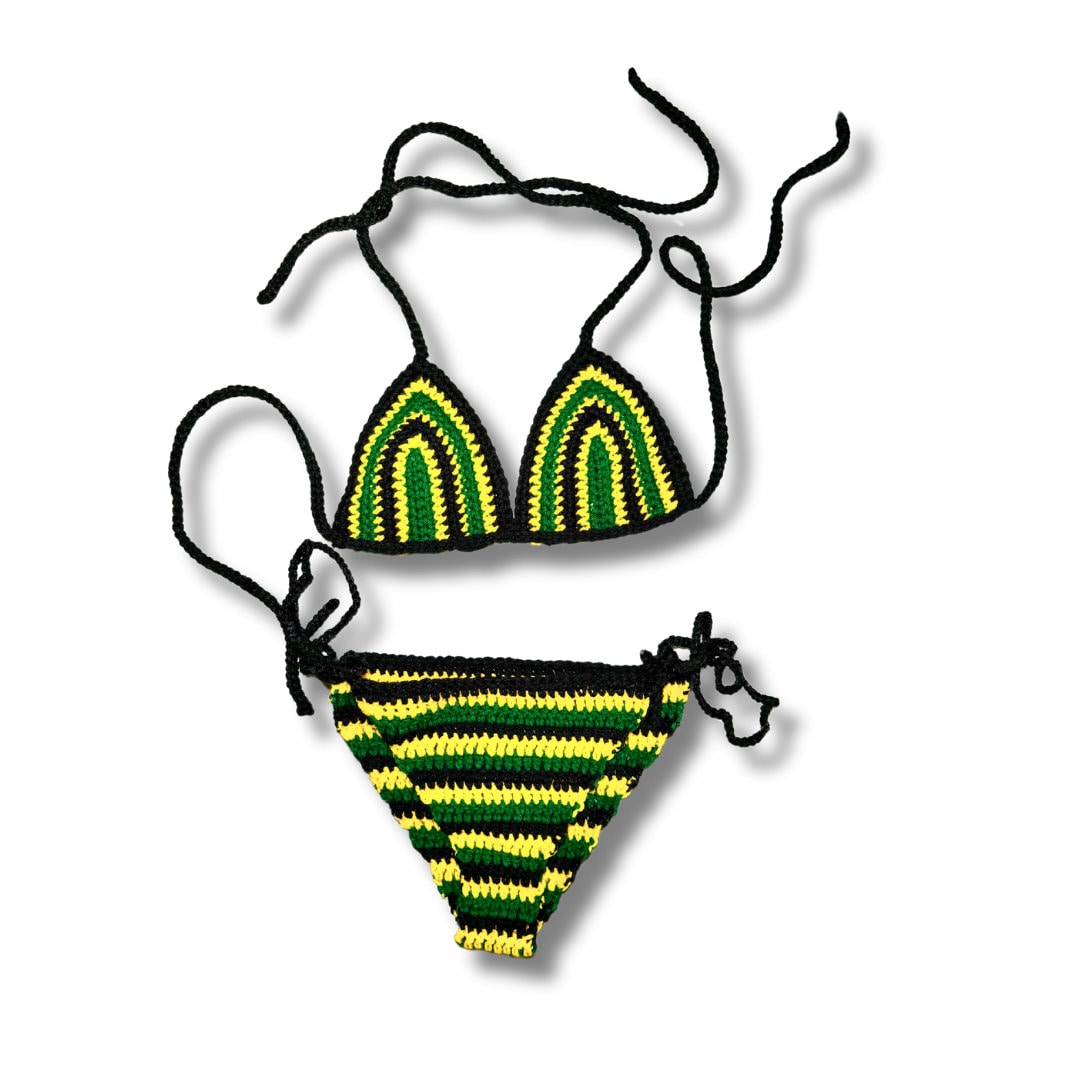 Crochet bikini triangle top and striped string bikini bottom, green and yellow