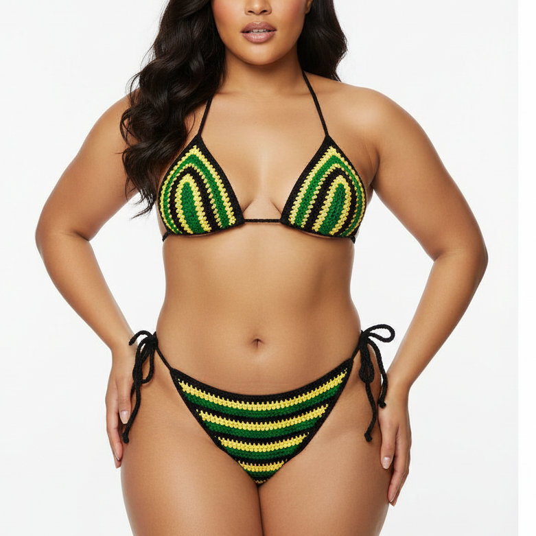 Crochet triangle bikini top and string bikini bottom, green yellow striped pattern