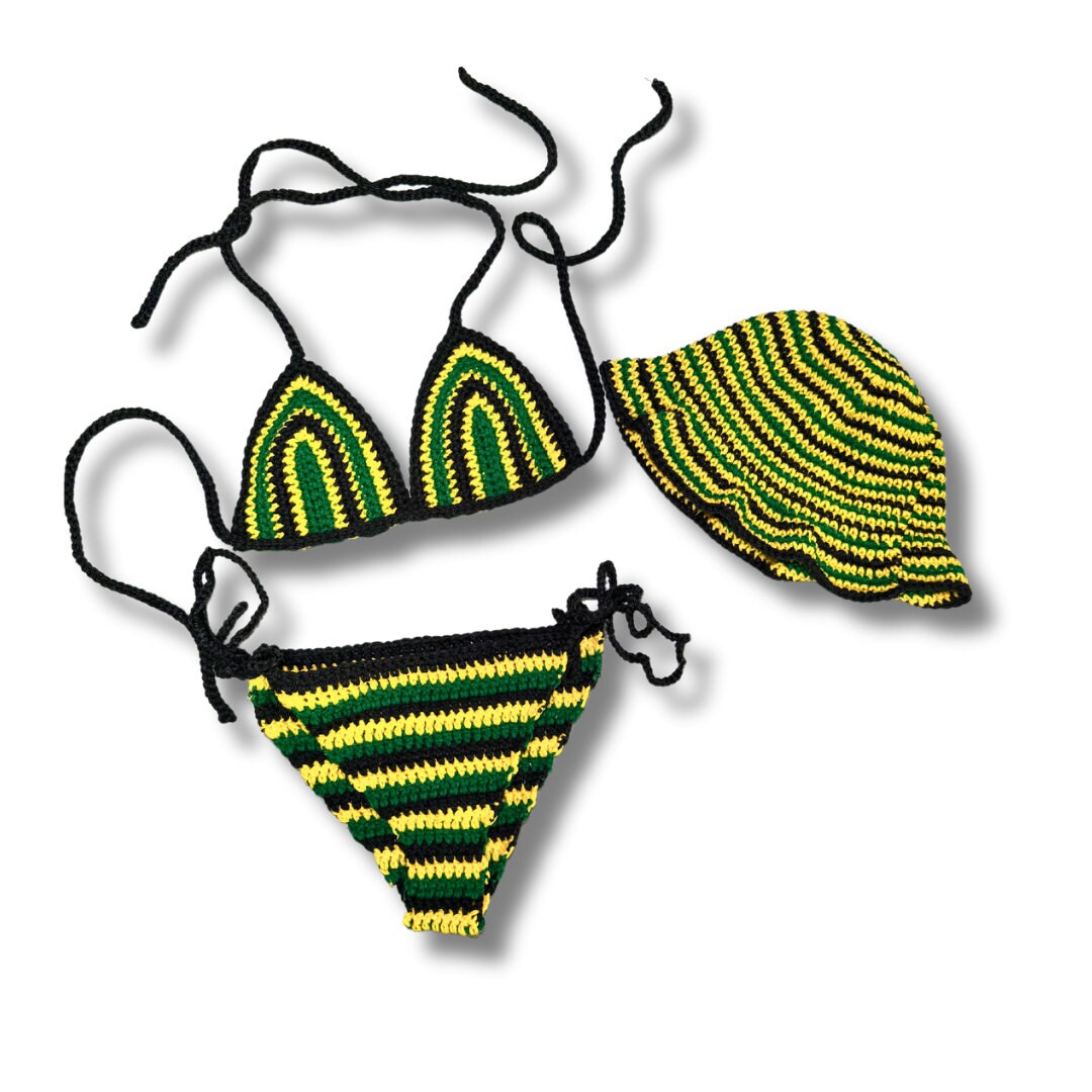 Crochet bikini triangle top and striped string bottom with bucket-hat style accessory