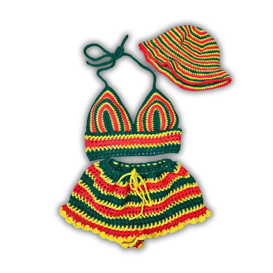 Häkel-Crop-Top, Shorts und Bucket-Hut im Rasta-Streifenmuster, mehrfarbig