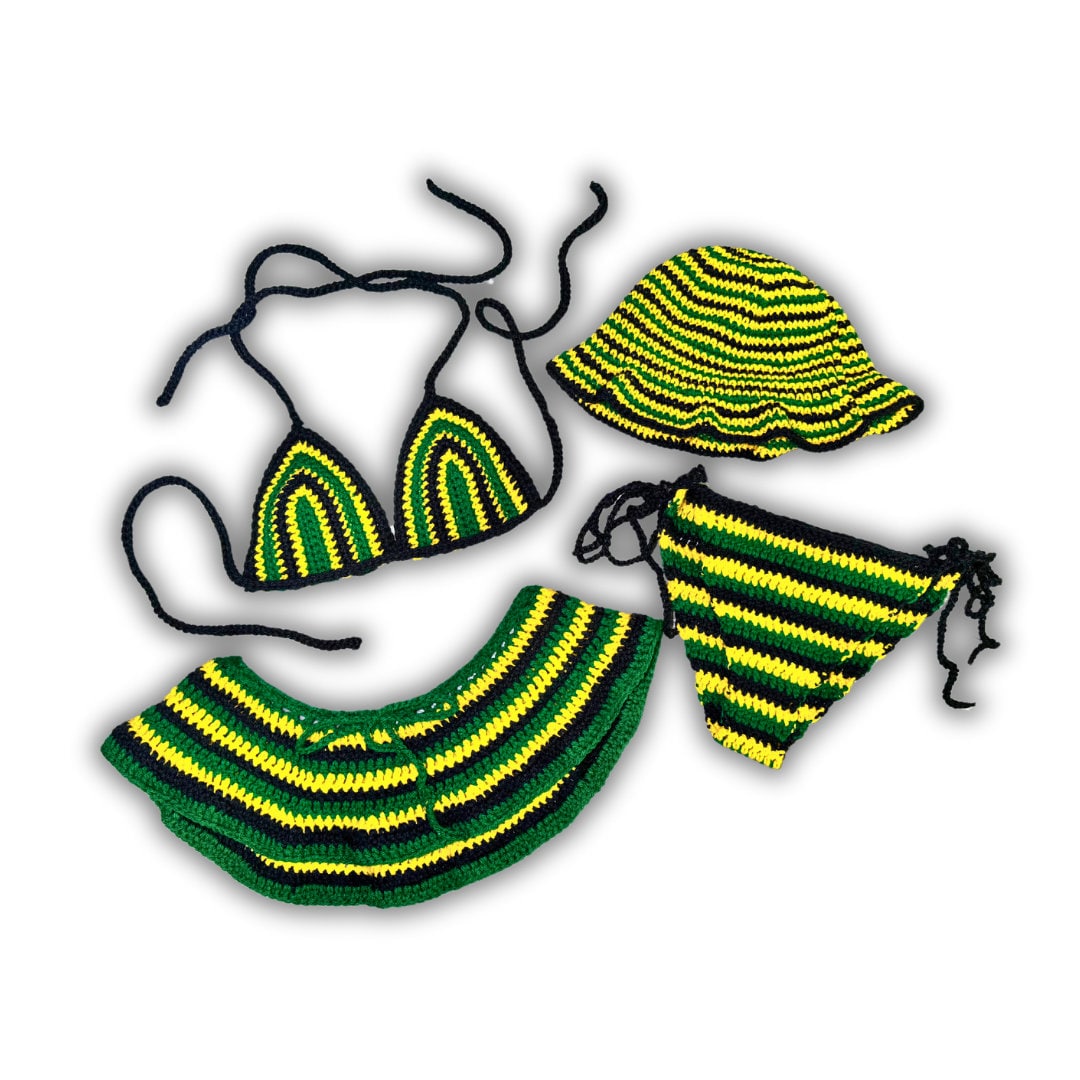 Crochet bikini pieces set: triangle top, string bottom, striped green and yellow