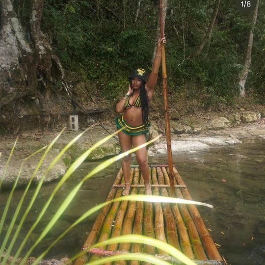 Crochet bikini set with micro mini skirt in green, yellow, and black stripes