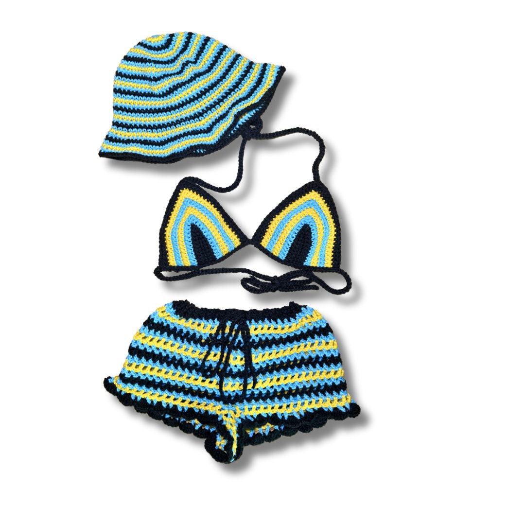 Crochet matching set: triangle bikini top, striped shorts, and striped bucket hat