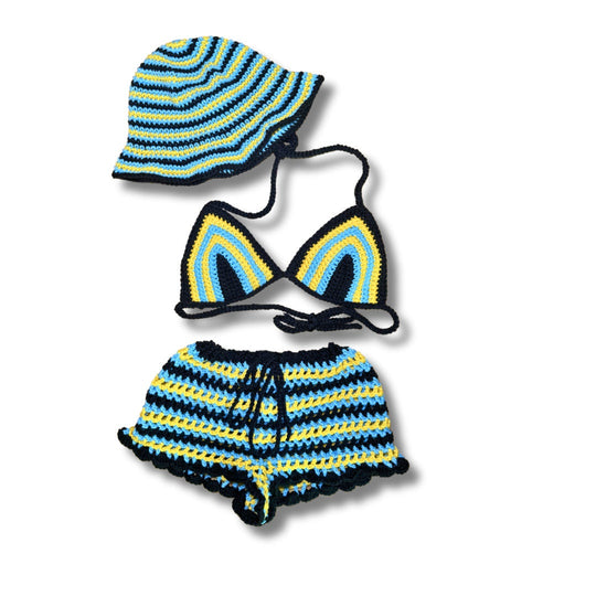 Crochet matching set: triangle bikini top, striped shorts, and striped bucket hat