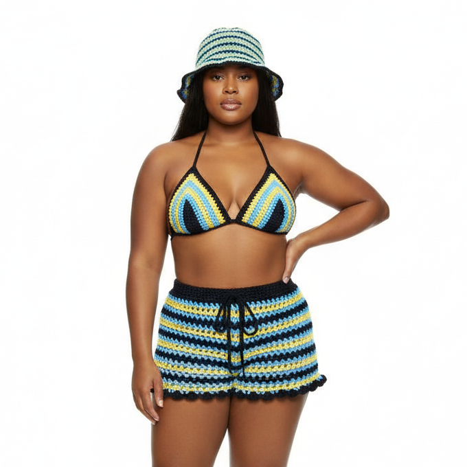 Bahamian mesh crochet bikini set: triangle bikini top and striped shorts with ties