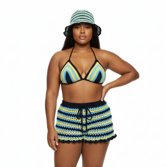 Bahamian mesh crochet bikini set: triangle bikini top and striped shorts with ties