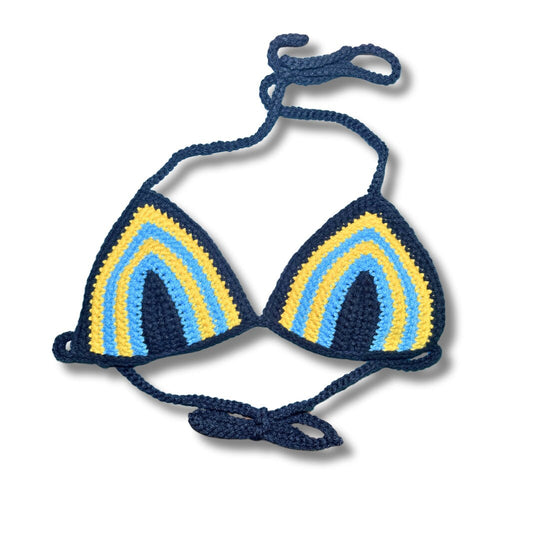 Crochet triangle bikini top in striped blue, yellow, and light blue rows with ties