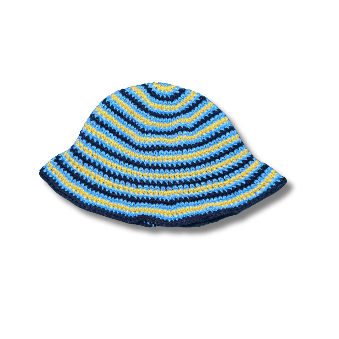 Striped crochet bucket hat with dark blue edge and yellow and light blue rows