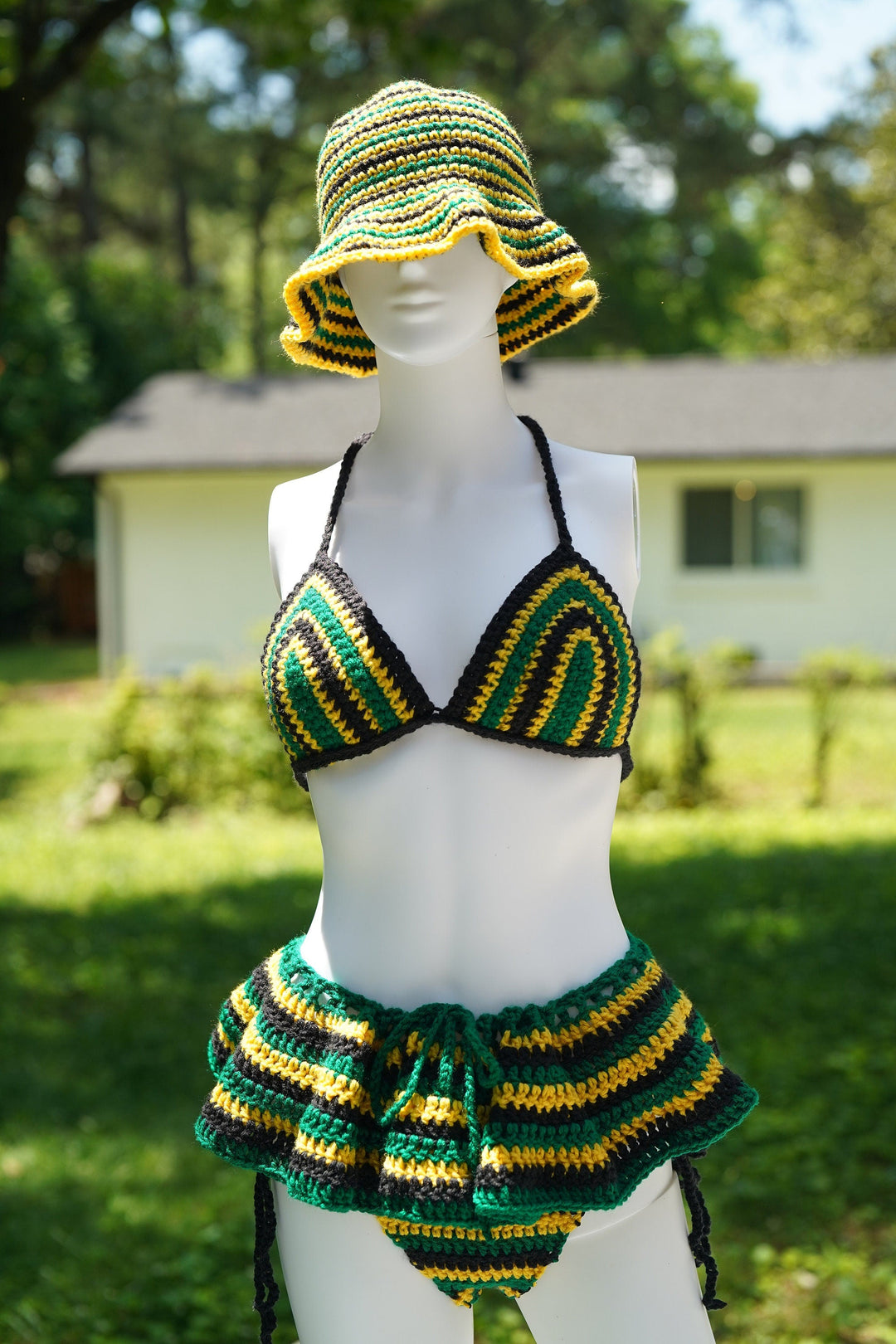 Crochet bucket hat and bikini set with micro mini skirt, striped green and yellow
