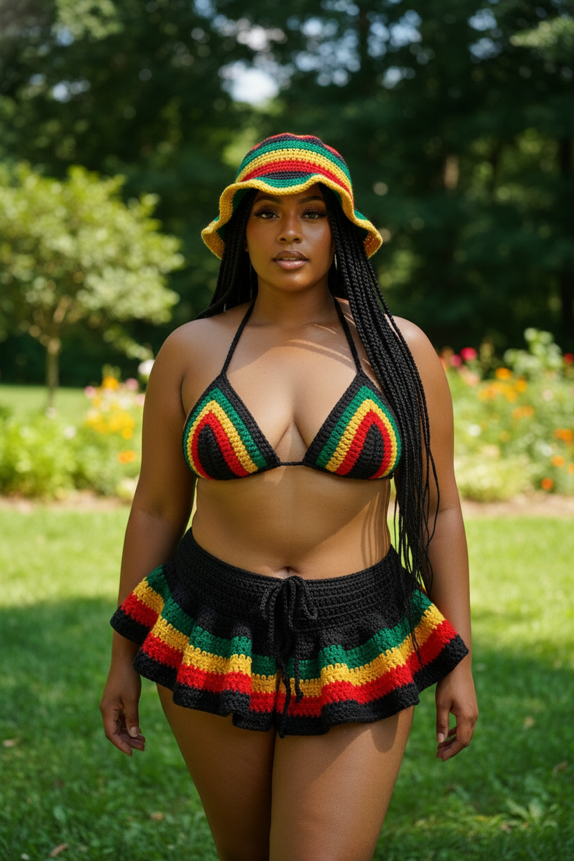 Handmade Rasta crochet bikini set with bucket hat, triangle top, and micro mini skirt