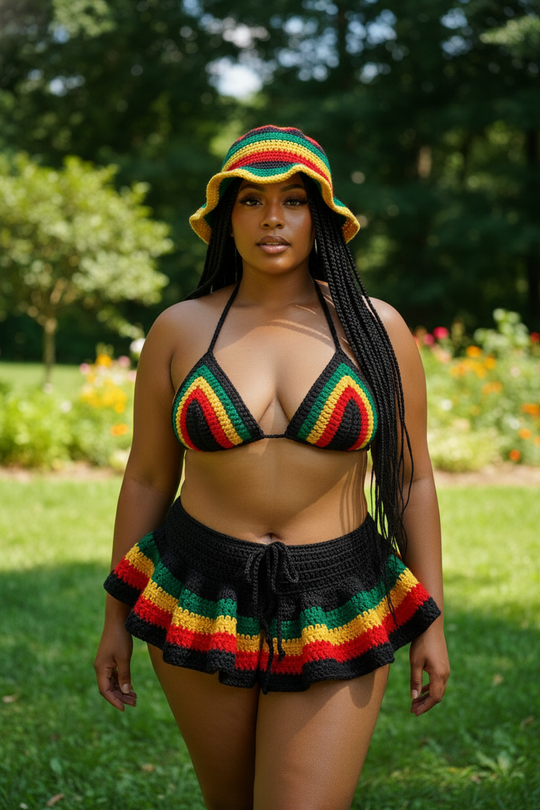 Handmade Rasta crochet bikini set with bucket hat, triangle top, and micro mini skirt