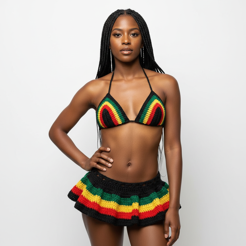 Handmade Rasta crochet bikini set: black triangle top and micro mini skirt with rainbow stripes