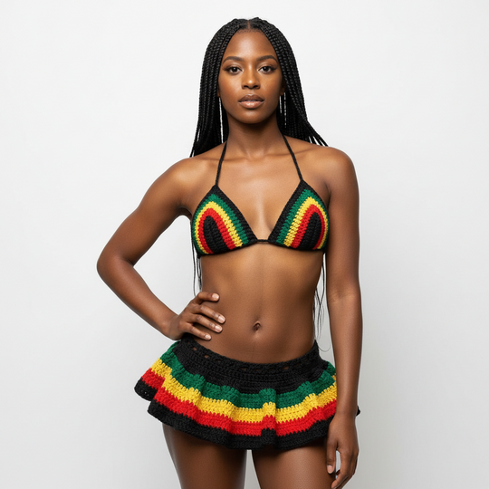 Handmade Rasta crochet bikini set: black triangle top and micro mini skirt with rainbow stripes