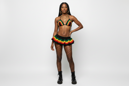 Rasta crochet bikini set with micro mini skirt, rainbow trim bra-style triangle top