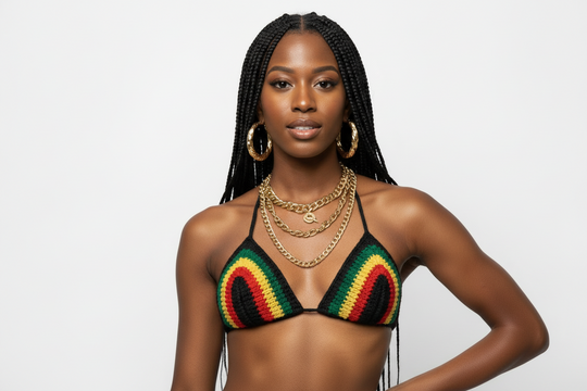 Crochet triangle bikini top with rasta stripes (black, green, yellow, red) and ties