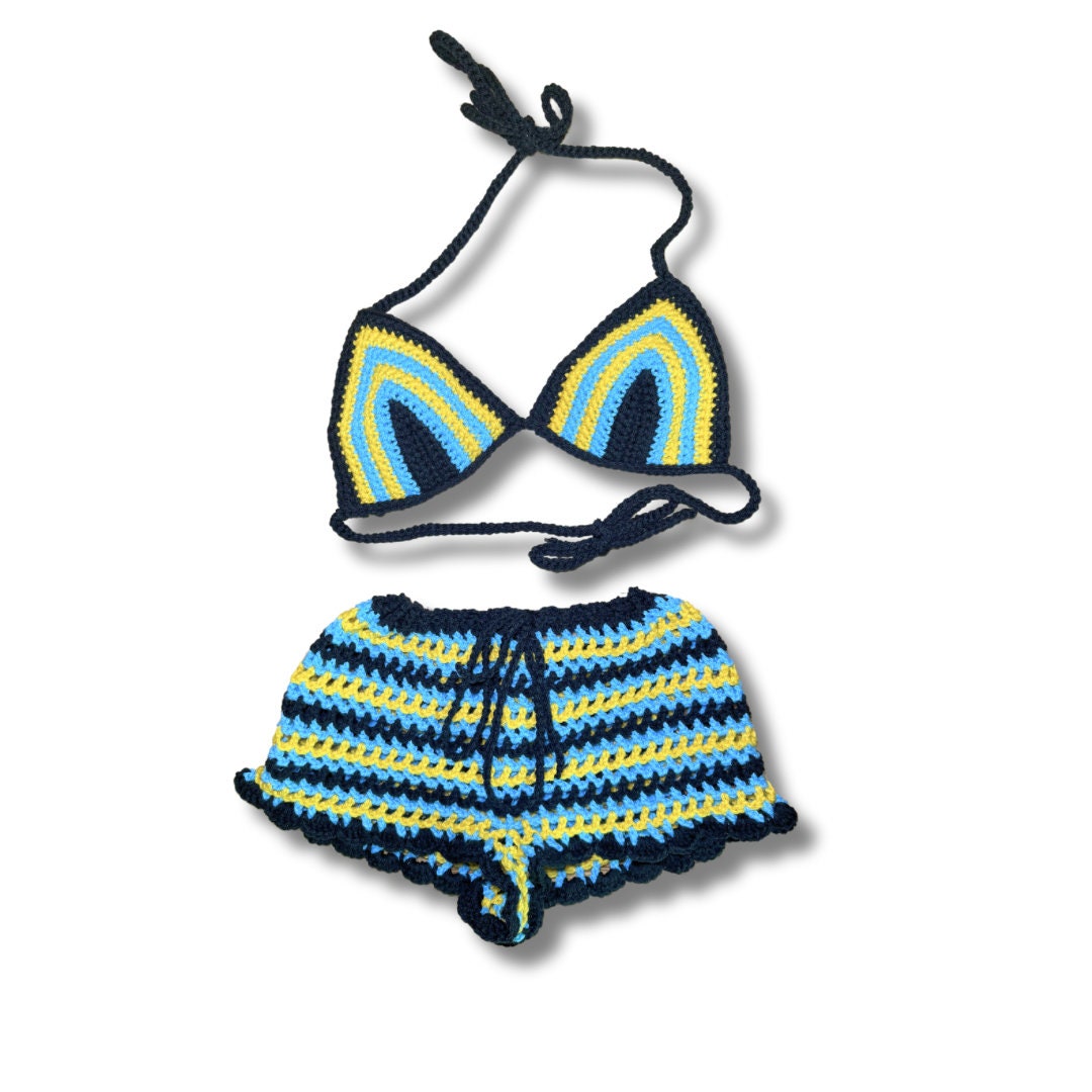 Crochet triangle bikini top and striped shorts with lace-up ties