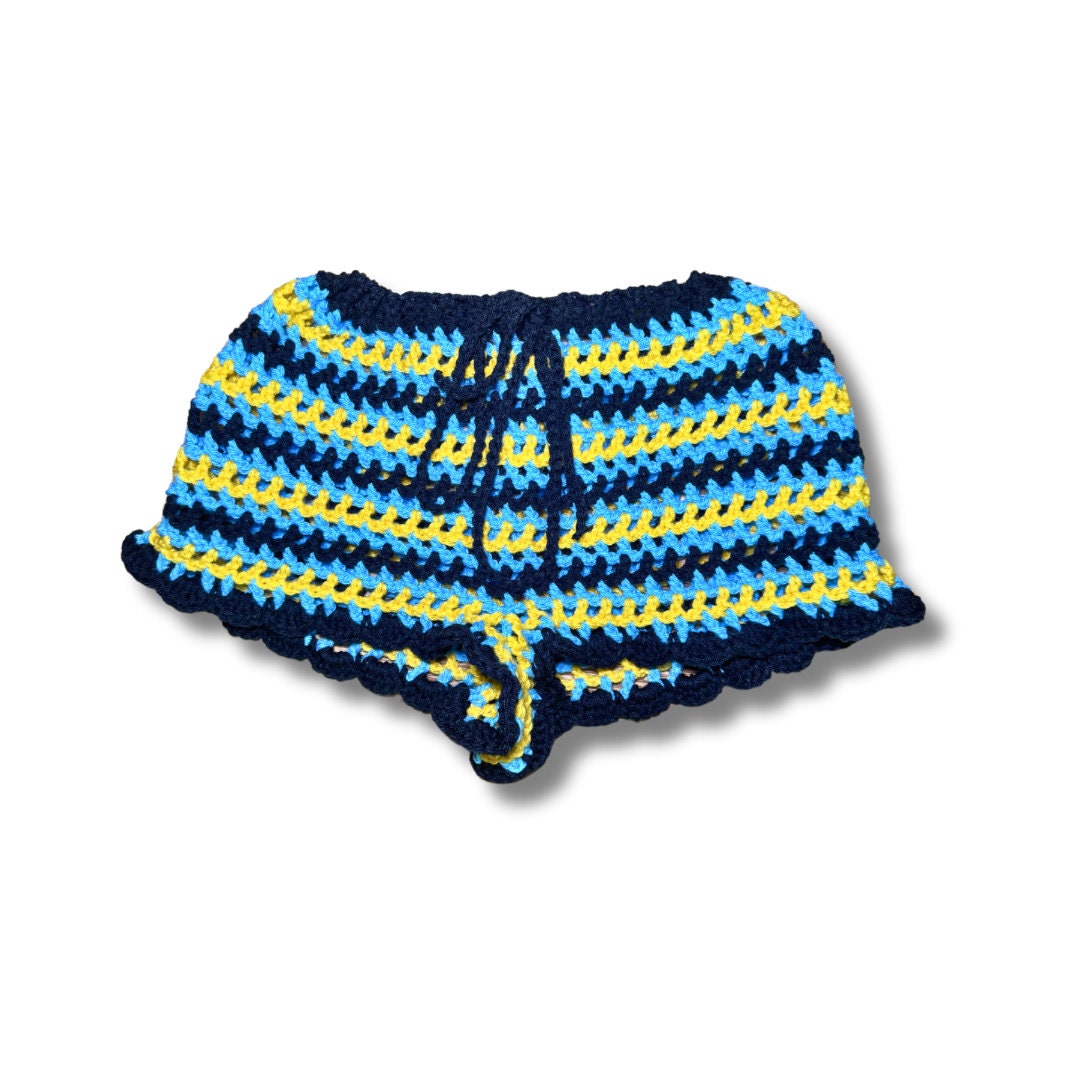 Crochet mesh shorts with striped pattern and tie-front detail in blue and yellow