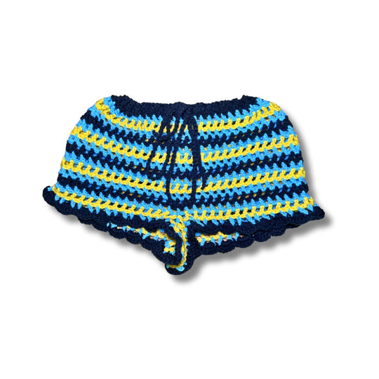 Crochet mesh shorts with striped pattern and tie-front detail in blue and yellow