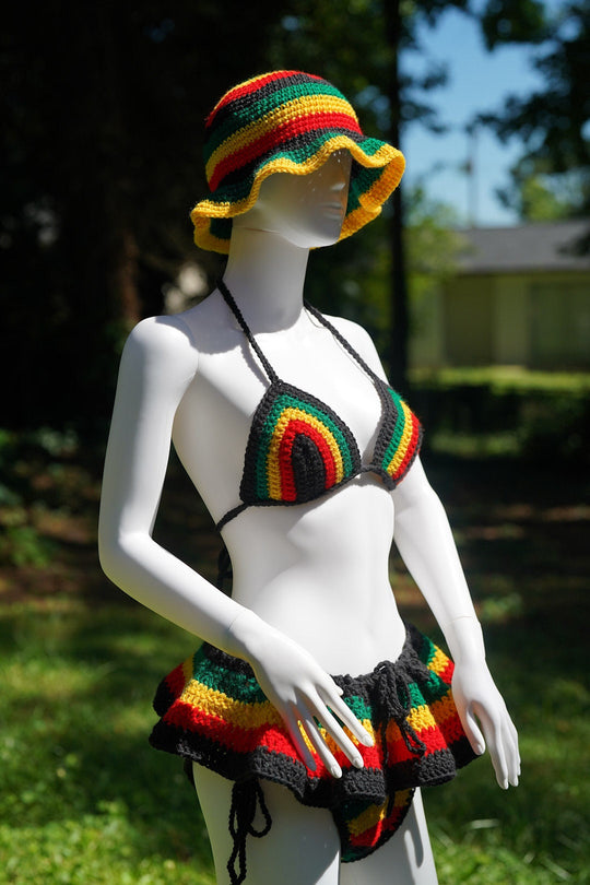Rasta crochet bucket hat set: triangle bikini top and micro mini skirt on a mannequin