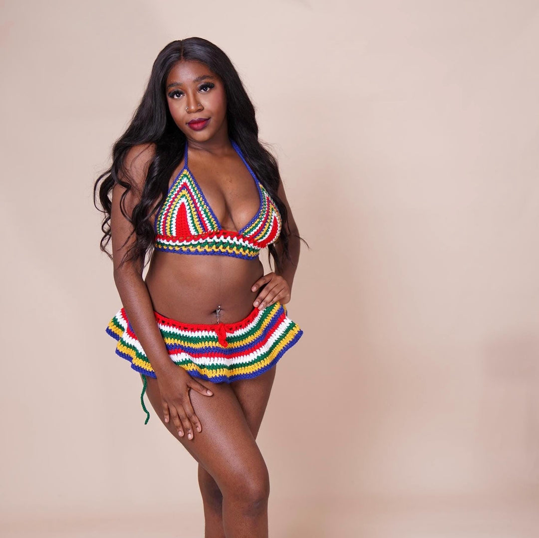 Multicolor striped crochet bikini with matching micro mini skirt cover-up, full set