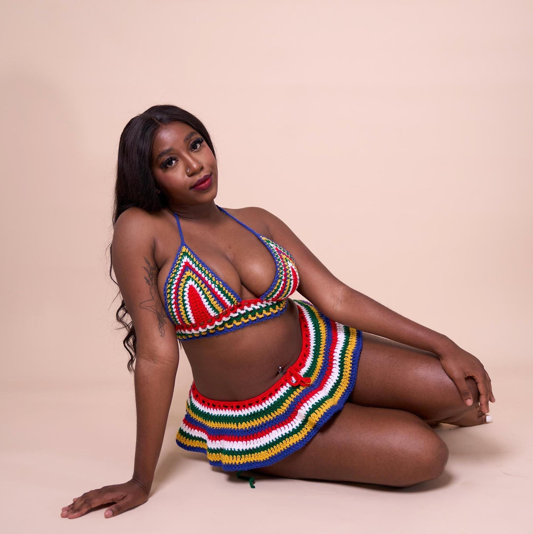 Crochet triangle bikini top with striped micro mini skirt cover-up, multicolor