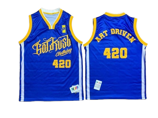Creed Basketball Jersey blau mit gelben Zierlinien, „420“ Frontprint