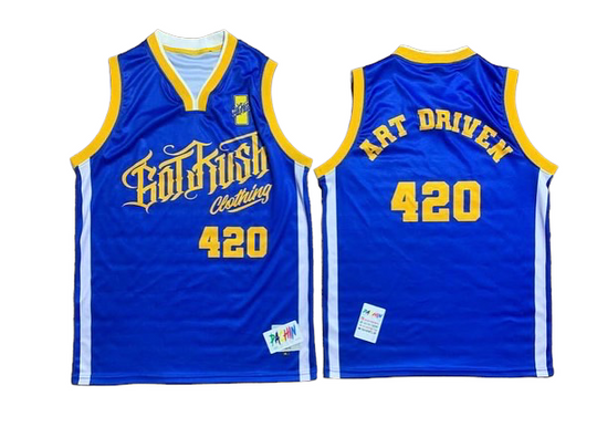Creed Basketball Jersey blau mit gelben Zierlinien, „420“ Frontprint