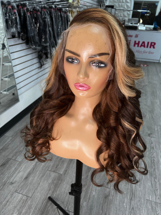 BRI WAVY UNIT wig, shoulder-length dark brown curls with face-framing blonde highlights