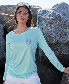 Flamingo Sunset bright seafoam long-sleeve top, worn front view with round neckline.