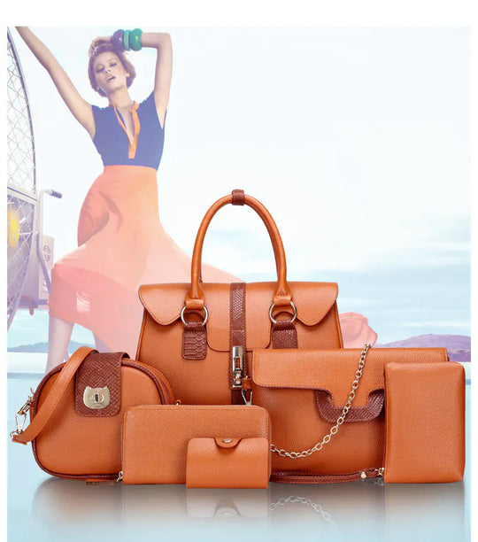 Orange snake-print shoulder bag set: top handle satchel, chain strap, clutch
