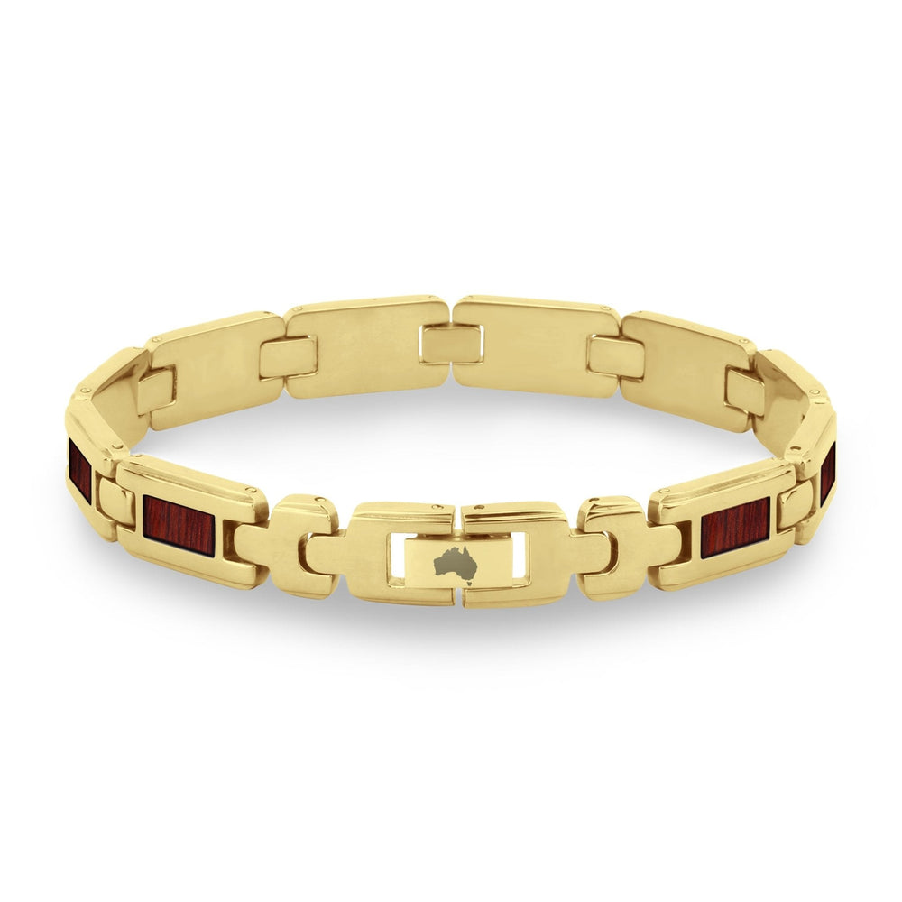 Gelbgoldfarbenes Link-Armband mit roten Einsätzen und zentralem Schließelement