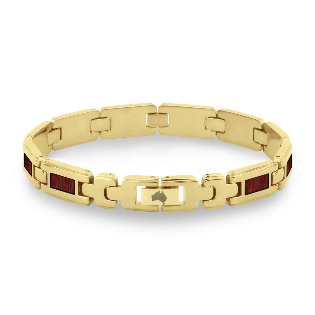 Gelbgoldfarbenes Link-Armband mit roten Einsätzen und zentralem Schließelement