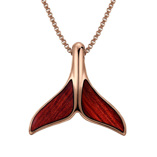 Woodsman whale tail necklace in rose gold with dark red wood inlay