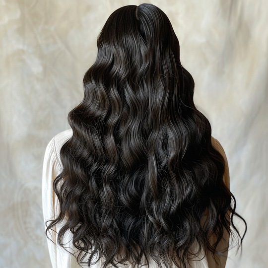 Back view of dark natural wave hair with layered loose curls