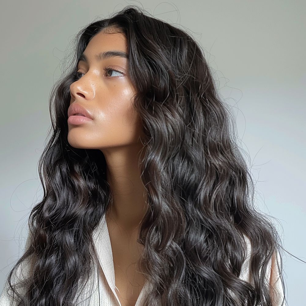 Dark natural wave hair on model, long loose curls and volume