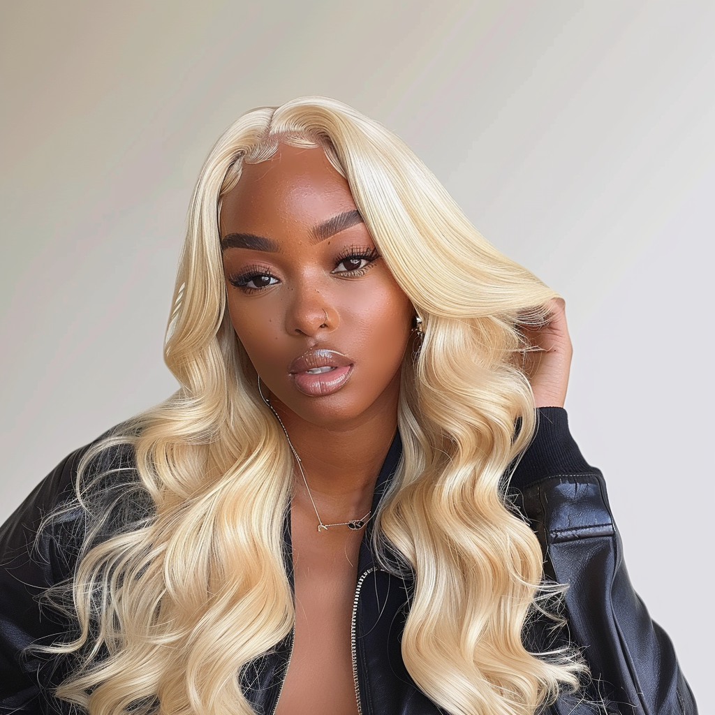 Light blonde body wave hair on model, long wavy curls