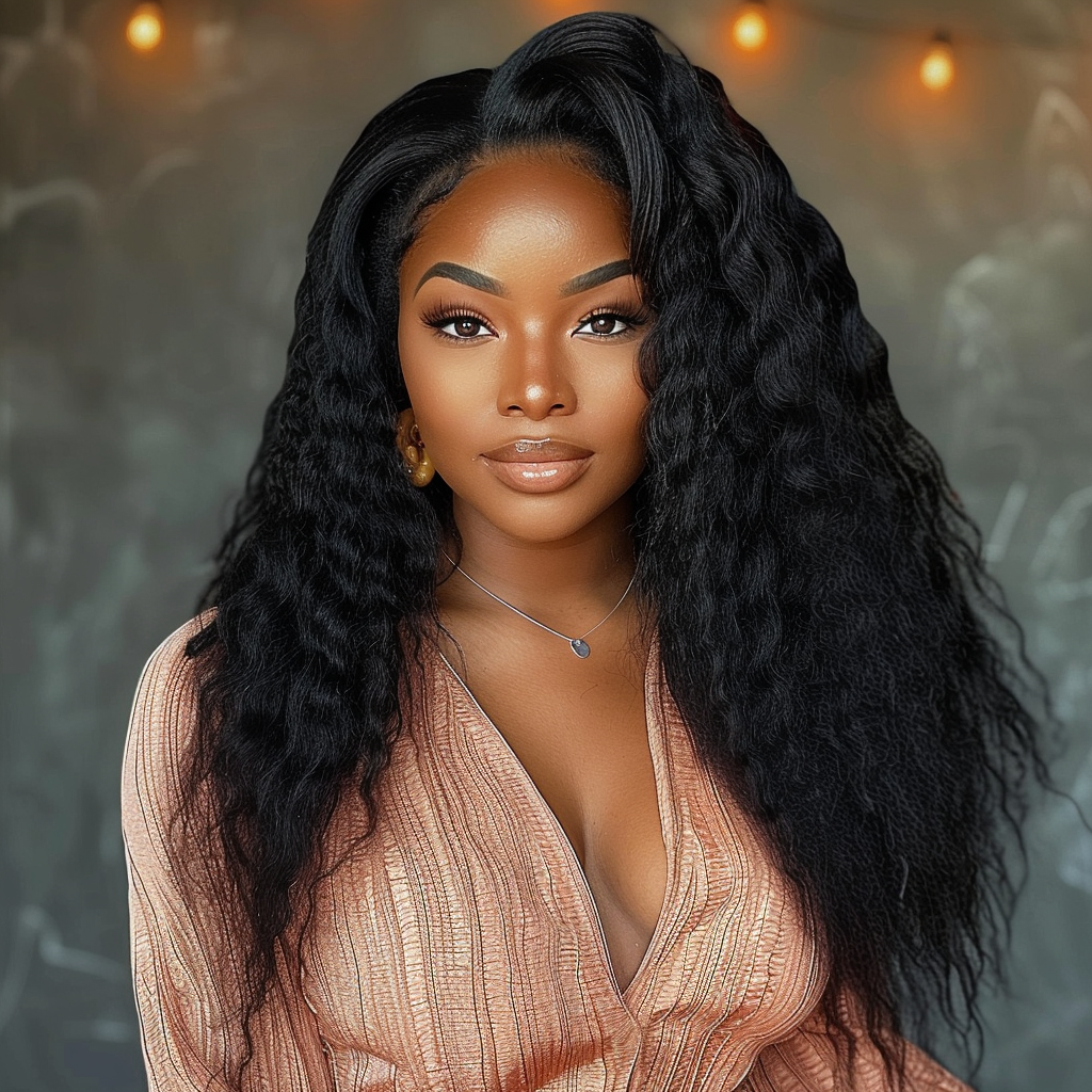 Long kinky straight bundles worn loose, thick dark black wavy texture around shoulders
