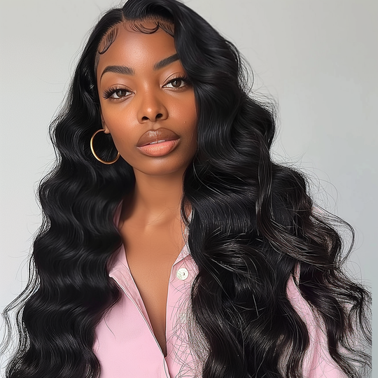 Long loose-wave hair worn down, dark voluminous waves framing face