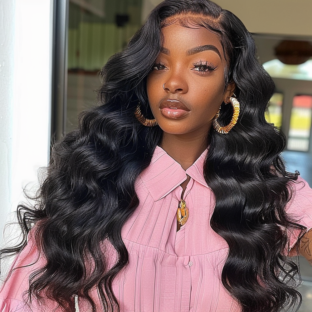 Body wave bundles on model, long wavy dark hair with center part