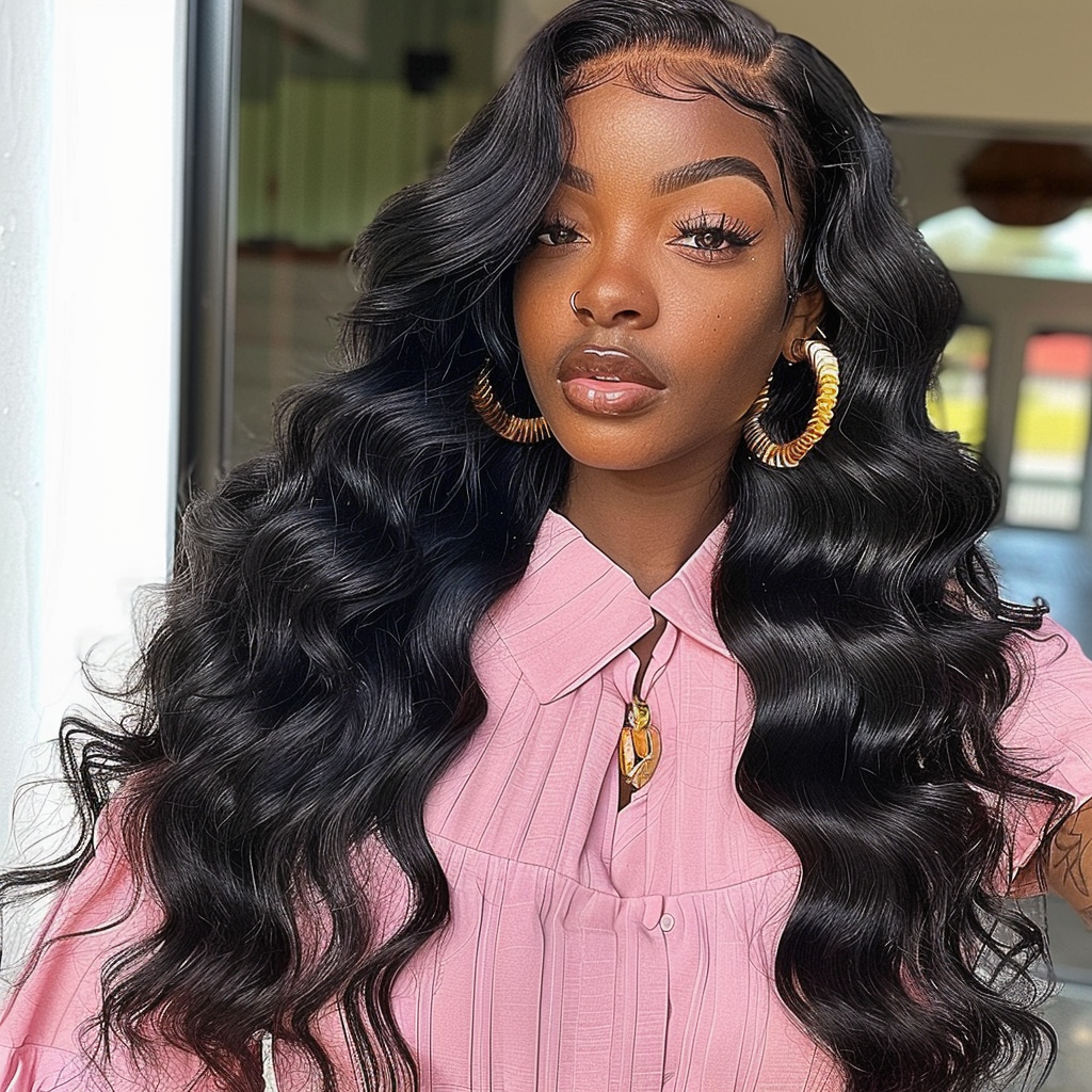 Body wave bundles on model, long wavy dark hair with center part