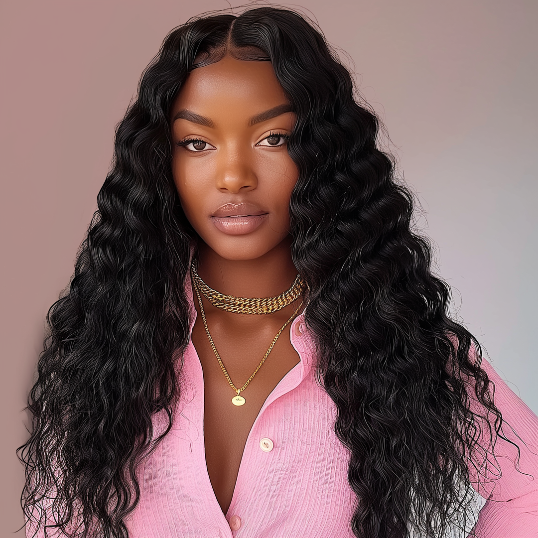 Diva Deep Wave Bundles: lange dunkle Deep-Wave Locken auf dem Haar