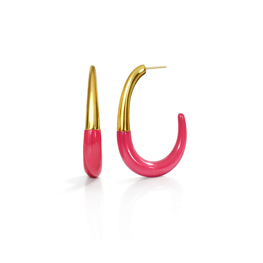 J Hoop earrings mit pinkem Rahmen und goldenen Bügelenden