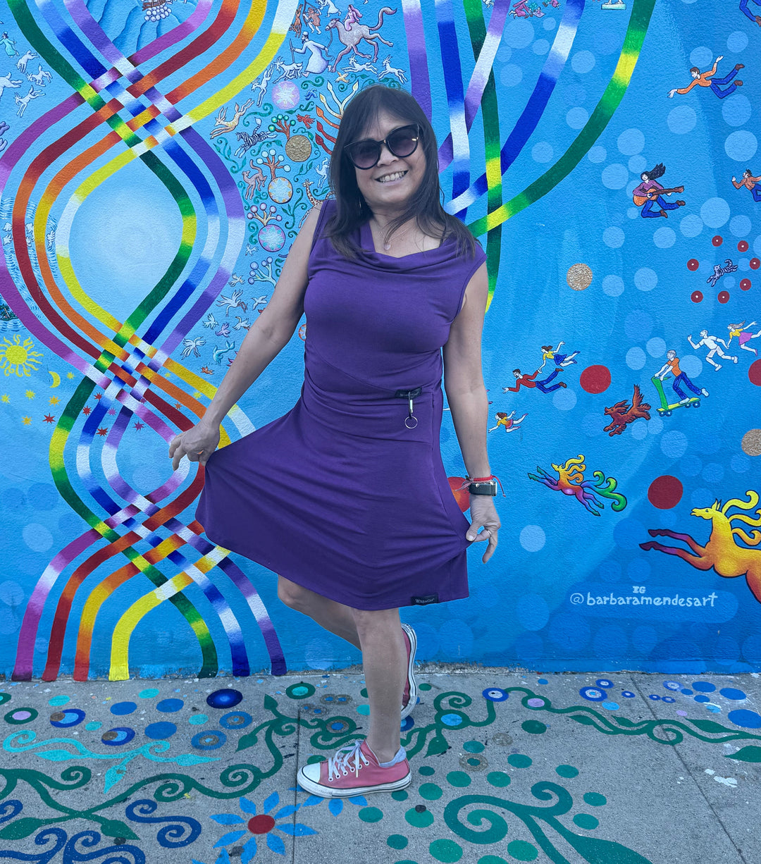 Purple Bike Date Dress on model, sleeveless cowl neck with fitted ruched waist